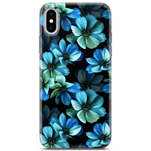 Apple Iphone Xs Uyumlu Kılıf Black Blue-33 Cover Mavi Tonlar Çiçekler