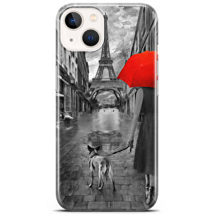 Apple Iphone 13 Mini Uyumlu Kılıf Black Red-15 Fit Koruma Eyfel Kırmızı Şemsiye