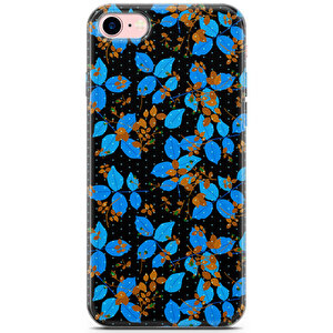 Apple Iphone 8 Uyumlu Kılıf Black Blue-04 Case Mavi Yapraklar