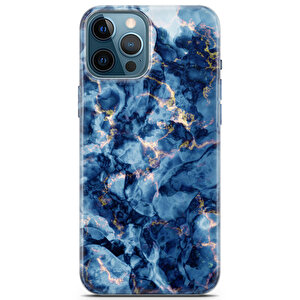 Apple Iphone 12 Pro Max Uyumlu Kılıf Black Blue-36 Baskılı Beyaz Mavi Mermer