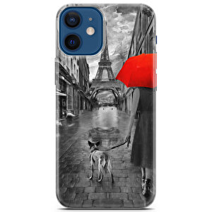 Apple Iphone 12 Mini Uyumlu Kılıf Black Red-15 Fit Koruma Eyfel Kırmızı Şemsiye