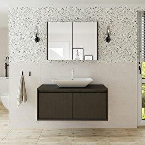 Lavabolu Ahşap Siyah Suntalam 100 Cm Banyo Dolabı + Aynalı Banyo Üst Dolabı