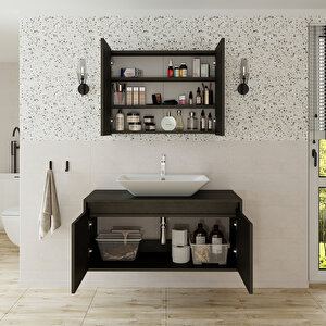 Roomart Lavabolu Ahşap Siyah Suntalam 100 Cm Banyo Dolabı + Aynalı Banyo Üst Dolabı