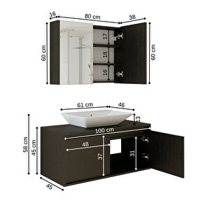 Roomart Lavabolu Ahşap Siyah Suntalam 100 Cm Banyo Dolabı + Aynalı Banyo Üst Dolabı