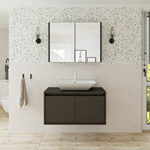 Lavabolu Mat Ahşap Siyah Suntalam 85 Cm Banyo Dolabı + Aynalı Banyo Üst Dolabı