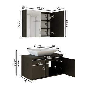 Roomart Lavabolu Mat Ahşap Siyah Suntalam 85 Cm Banyo Dolabı + Aynalı Banyo Üst Dolabı