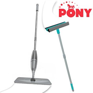 Pony Süper 2 Li̇ Sprey Mop + Teleskopi̇k Saplı Cam Si̇leceği̇ Çekçek Gri̇ Paspas Temi̇zli̇k Seti̇