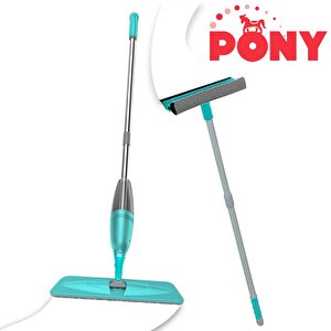 Pony Süper 2 Li̇ Sprey Mop + Teleskopi̇k Saplı Cam Si̇leceği̇ Çekçek Yeşi̇l Paspas Temi̇zli̇k Seti̇