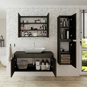 Lavabolu Ahşap Siyah Suntalam 100 Cm Banyo Dolabı + Aynalı Banyo Üst Dolap + Banyo Boy Dolap