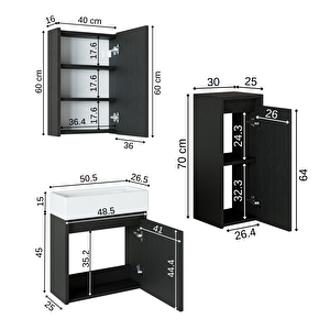 Roomart Ayaksız Tek Kapaklı Lavabolu 50 Cm Banyo Dolabı + Aynalı Üst Dolabı + Boy Dolabı