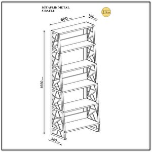 Wood'n Love Albatros 5 Raflı Piramit Metal Kitaplık - Atlantik Çam / Siyah