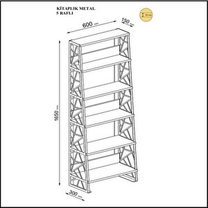 Wood'n Love Albatros 5 Raflı Piramit Metal Kitaplık - Atlantik Çam / Siyah