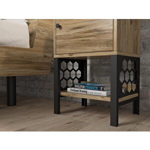 Wood'n Love Maria Dolaplı Raflı Metal Ayaklı Komodin - Atlantik Çam / Siyah