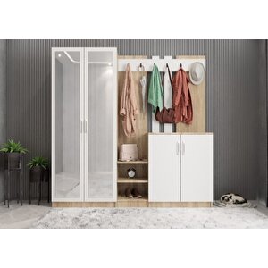 Flora Aynalı Portmanto Vestiyer Meşe Beyaz 175 cm