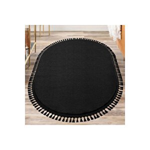 Oval Comfort Puffy Ponpon Saçaklı Peluş Halı Yolluk Siyah 100x350 cm