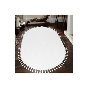 Oval Comfort Puffy Ponpon Saçaklı Peluş Halı Yolluk Beyaz 120x700 cm