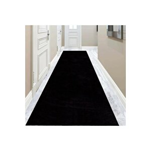 Comfort Puffy Overloklu Peluş Halı Yolluk Siyah 80x450 cm