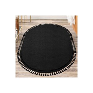 Oval Comfort Puffy Ponpon Saçaklı Peluş Halı Yolluk Siyah 100x700 cm