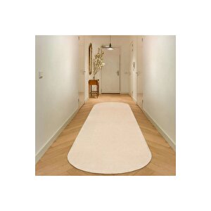 Oval Comfort Puffy Overloklu Peluş Halı Yolluk Bej 120x400 cm