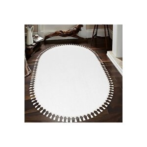 Oval Comfort Puffy Ponpon Saçaklı Peluş Halı Yolluk Beyaz 80x150 cm