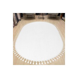 Oval Comfort Puffy Ponpon Saçaklı Peluş Halı Yolluk Beyaz 120x180 cm