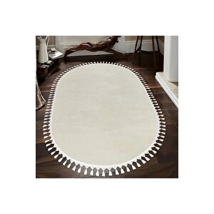 Oval Comfort Puffy Ponpon Saçaklı Peluş Halı Yolluk Ekru 200x400 cm