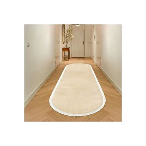 Oval Comfort Puffy Düz Saçaklı Peluş Halı Yolluk Bej 200x300 cm