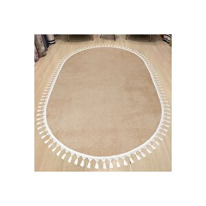 Oval Comfort Puffy Ponpon Saçaklı Peluş Halı Yolluk Vizon 100x700 cm