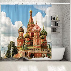 Baskılı Duş Perde Tac Mahal Manzaralı Renkli Şato Desenli 175x180 cm