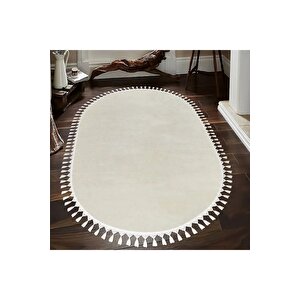 Oval Comfort Puffy Ponpon Saçaklı Peluş Halı Yolluk Ekru 80x400 cm