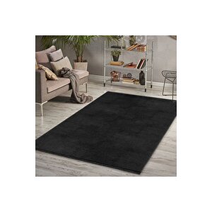 Comfort Puffy Düz Saçaklı Peluş Halı Yolluk Siyah 150x150 cm