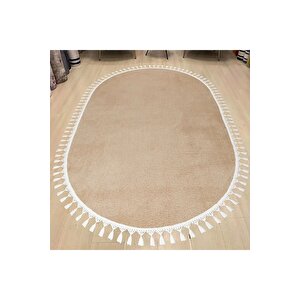 Oval Comfort Puffy Ponpon Saçaklı Peluş Halı Yolluk Vizon 120x180 cm