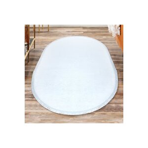 Oval Comfort Puffy Düz Saçaklı Peluş Halı Yolluk Beyaz