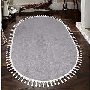 Oval Comfort Puffy Ponpon Saçaklı Peluş Halı Yolluk Gri 120x500 cm