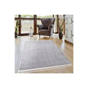 Comfort Puffy Ponpon Saçaklı Peluş Halı Yolluk Gri 100x550 cm