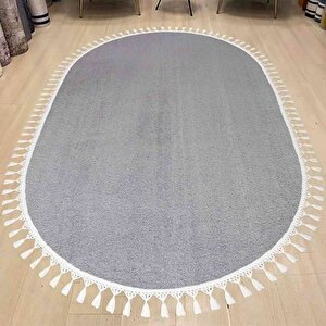 Oval Comfort Puffy Ponpon Saçaklı Peluş Halı Yolluk Gri 120x180 cm