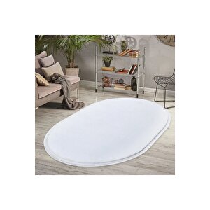 Oval Comfort Puffy Düz Saçaklı Peluş Halı Yolluk Beyaz 120x180 cm