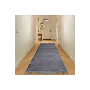 Comfort Puffy Ponpon Saçaklı Peluş Halı Yolluk Antrasit 100x550 cm