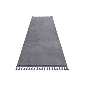 Comfort Puffy Ponpon Saçaklı Peluş Halı Yolluk Antrasit 100x550 cm