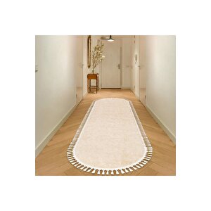 Oval Comfort Puffy Ponpon Saçaklı Peluş Halı Yolluk Bej 150x650 cm