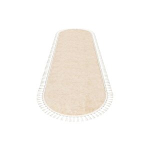 Oval Comfort Puffy Ponpon Saçaklı Peluş Halı Yolluk Bej 150x650 cm