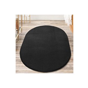Oval Comfort Puffy Overloklu Peluş Halı Yolluk Siyah