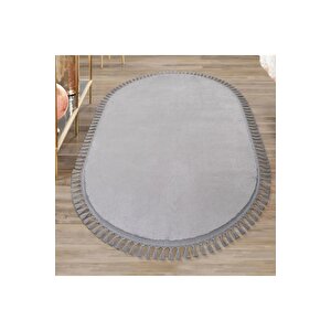 Oval Comfort Puffy Ponpon Saçaklı Peluş Halı Yolluk Gri Saçak