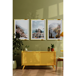 Gold Renk - 40x50 Çerçeveli Tablo Modern Sanat Sahil Baskısı İtalya Duvar Sanatı Plaj Tatil 40x50 cm