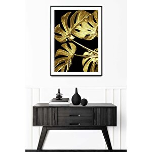 Siyah Renk - 40x50 Altın Tropikal Yapraklar Çerçeveli Tablo Modern Sanatsal Abstract