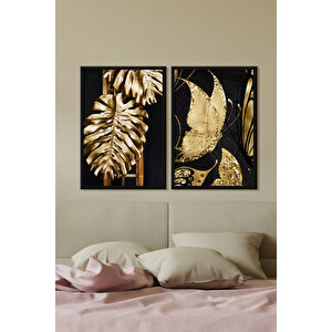 Beyaz Renk - 30x40 Çerçeveli Tablo Modern Sanatsal İkili Çerçeve Golden Glitter Bitki Özc - - 419 30x40 cm