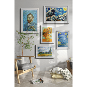 Beyaz Renk - 130x130 Van Gogh Tablo Sanatsal Ünlü Ressam Çerçeveli Çoklu Tablo Modern 130x130 cm