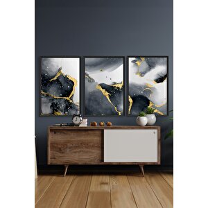 Siyah Renk - 30x40 Çerçeveli Tablo Modern Sanatsal Üçlü Çerçeve Abstract