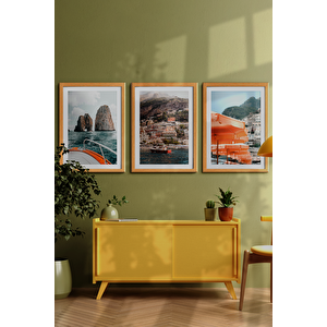 Natürel Renk - 33x48 Çerçeveli Tablo Modern Sanat Sahil Baskısı İtalya Duvar Sanatı Plaj Tatil 30x49 cm