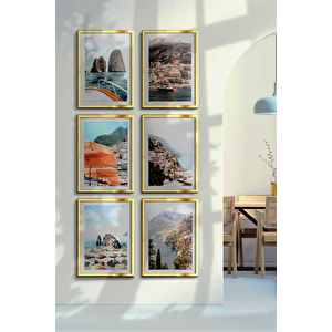 Gold Renk - 21x30 Çerçeveli Tablo Modern Sanat Sahil Baskısı İtalya Duvar Sanatı Tatil Holiday 21x30 cm